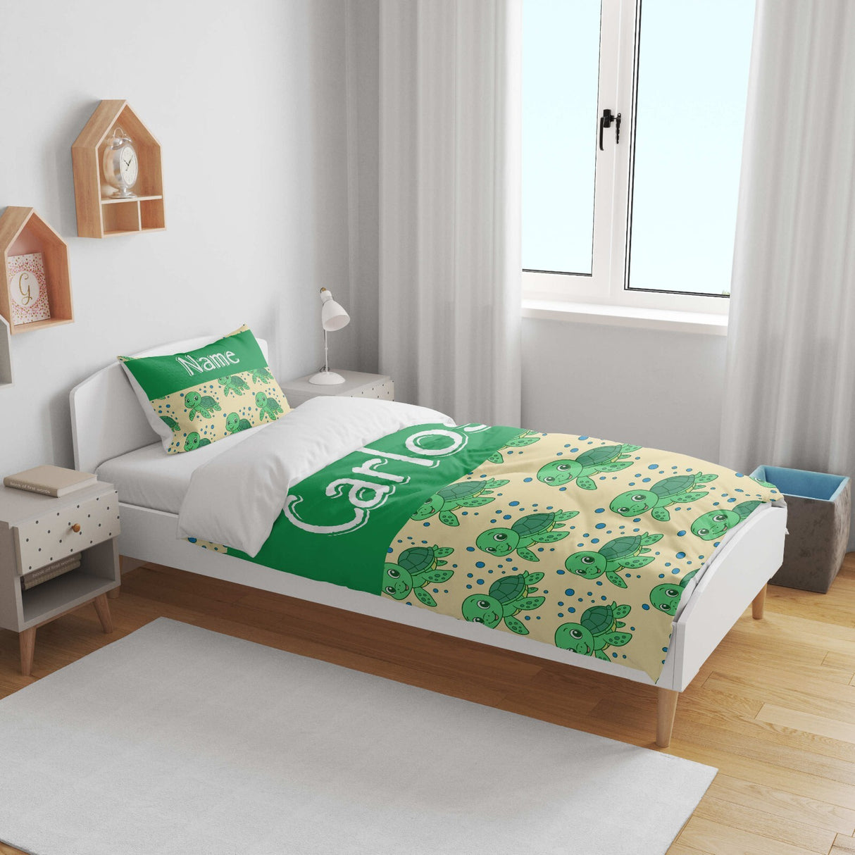 Personalised Custom Name Cartoon Baby Turtles Cot Bed Duvet Cover + Pillowcase