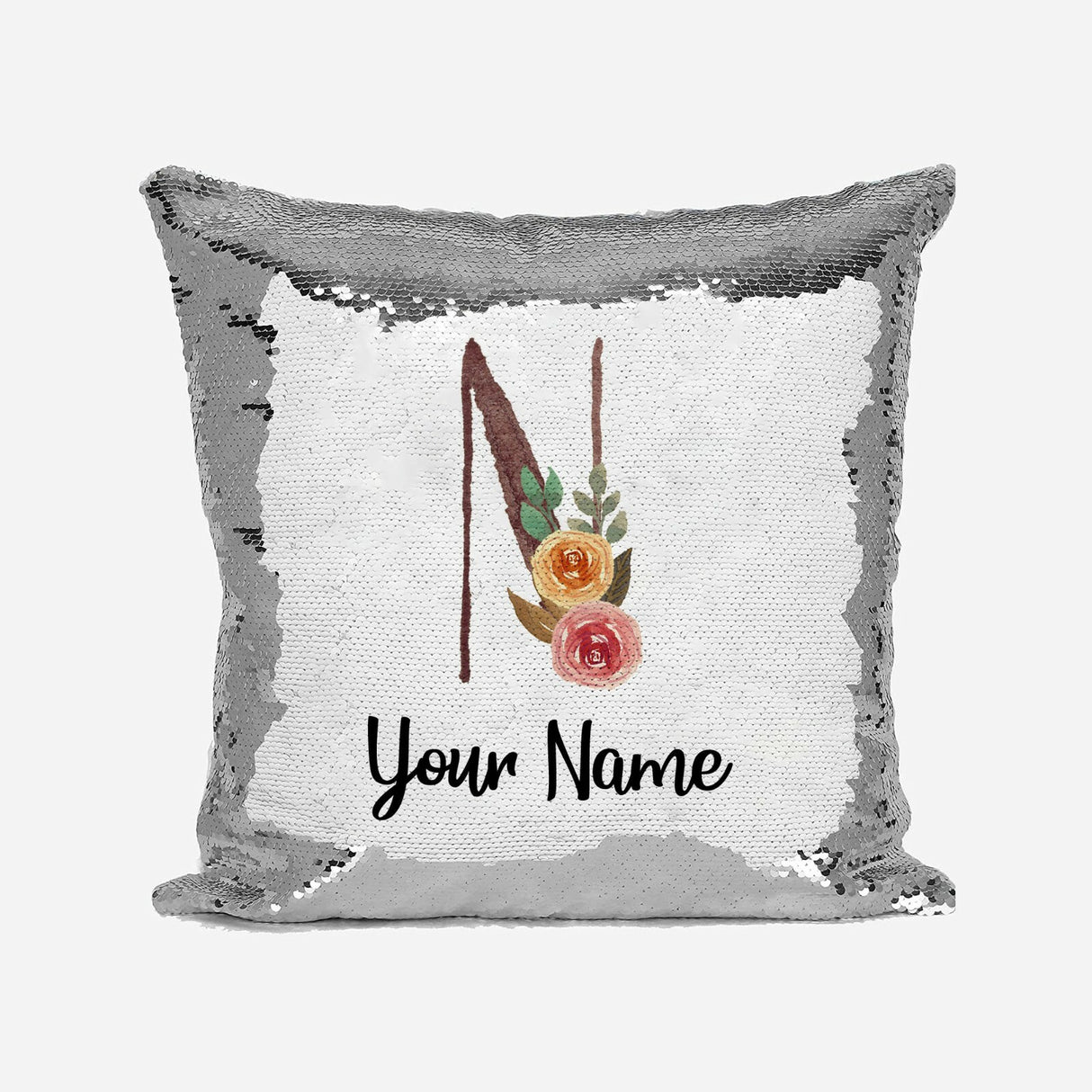 Personalised Floral Watercolour Effect Alphabet Sequin Magic Cushion + Pillow