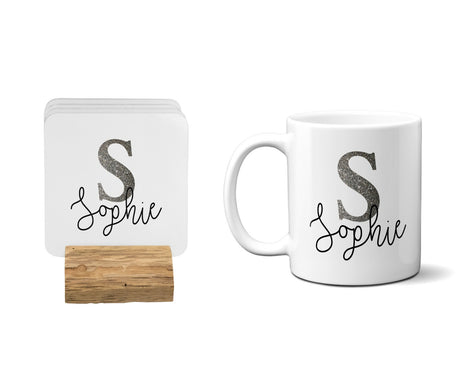 Personalised Name Initial Glitter Monogram Coffee Tea Mug Gift 11oz Mug+Coaster