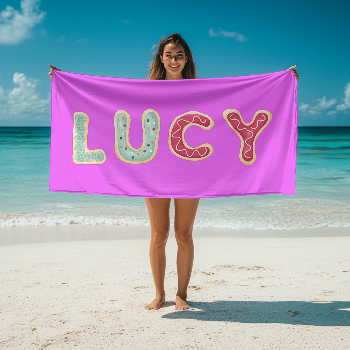 Personalised Any Name Cookie Alphabet Colour Absorbent Beach Bath Sheet Towel