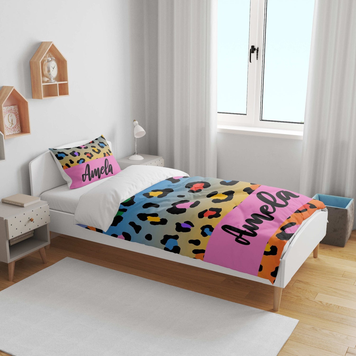 Personalised Name Leopard Spots Multicolour Kid Cot Bed Duvet Cover + Pillowcase