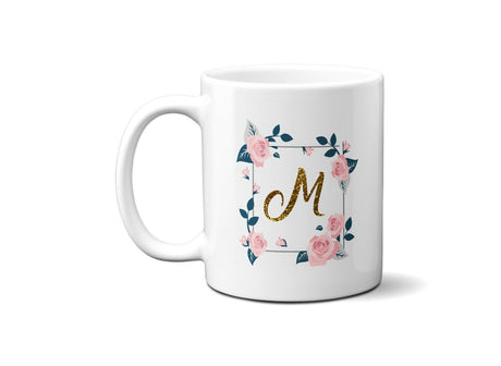 Personalised Name Floral Rose Pink Border Coffee Tea Mug Gift 11oz Mug + Coaster