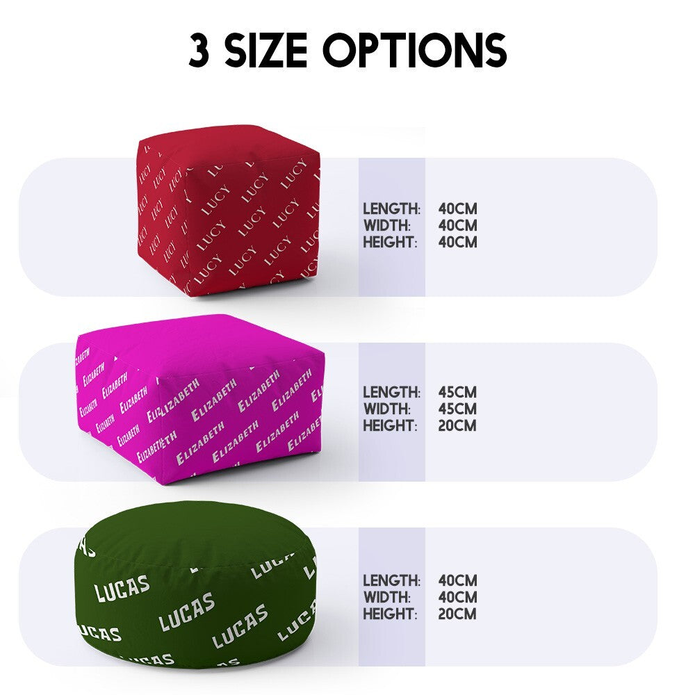 Personalised Any Name Custom Text Ottoman Filled Pouffe Inc Washable Cover