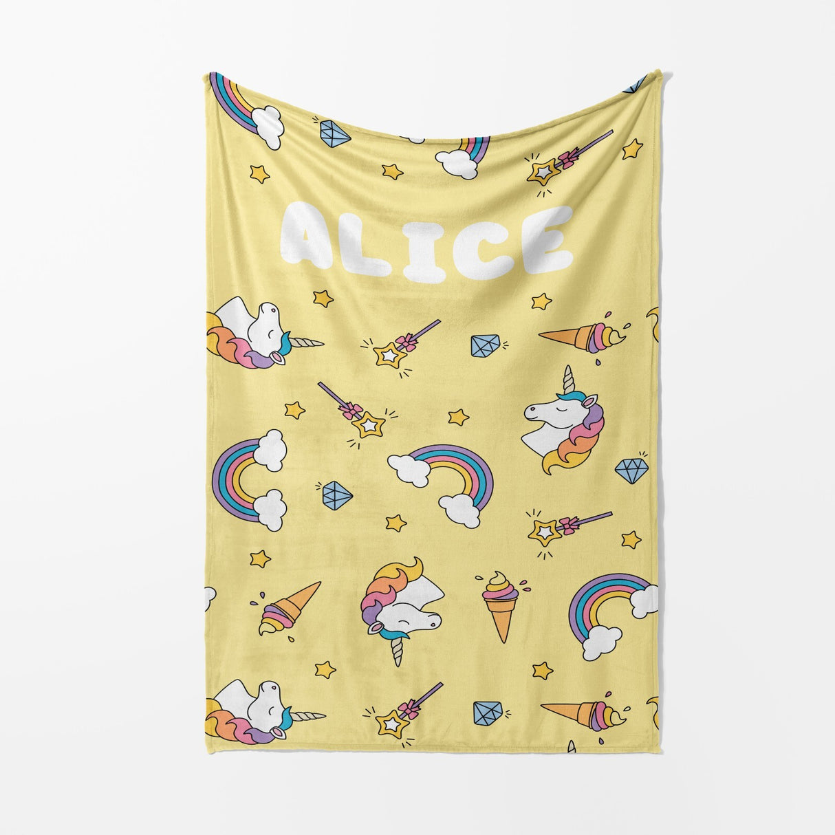 Personalised Custom Name Colour Unicorn Ice Cream Soft Warm Fleece Blanket Decor