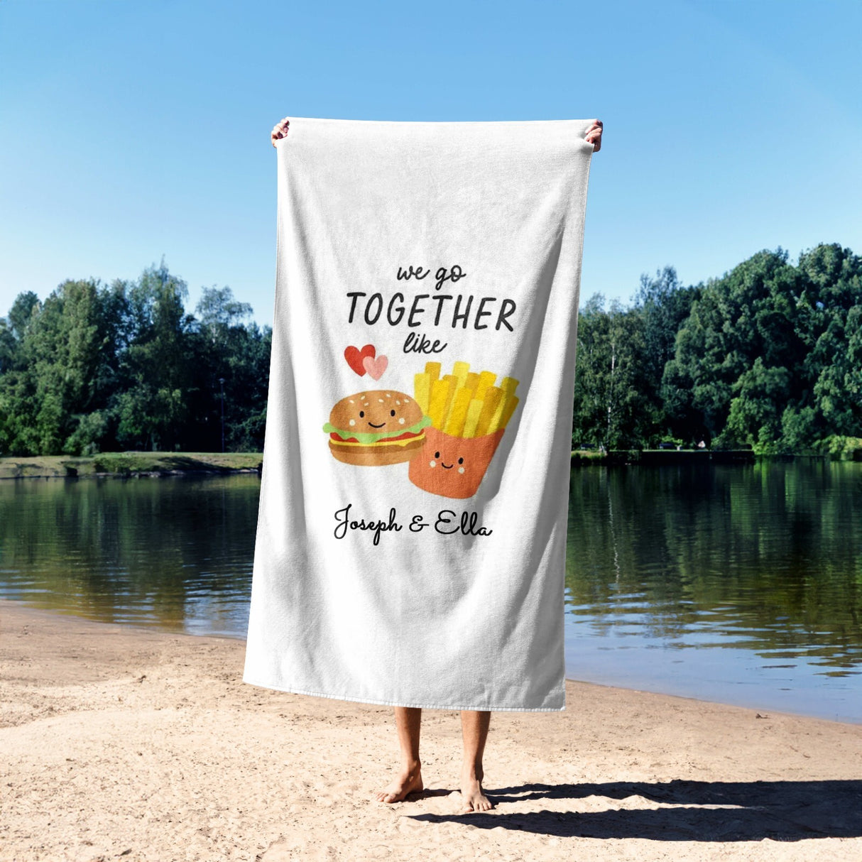 We Go Together Burger + Fries Personalised Name Custom Beach Bath Sheet Towel