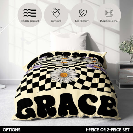 Personalised Custom Name Retro Daisy Check Single Bed Duvet Cover + Pillowcase