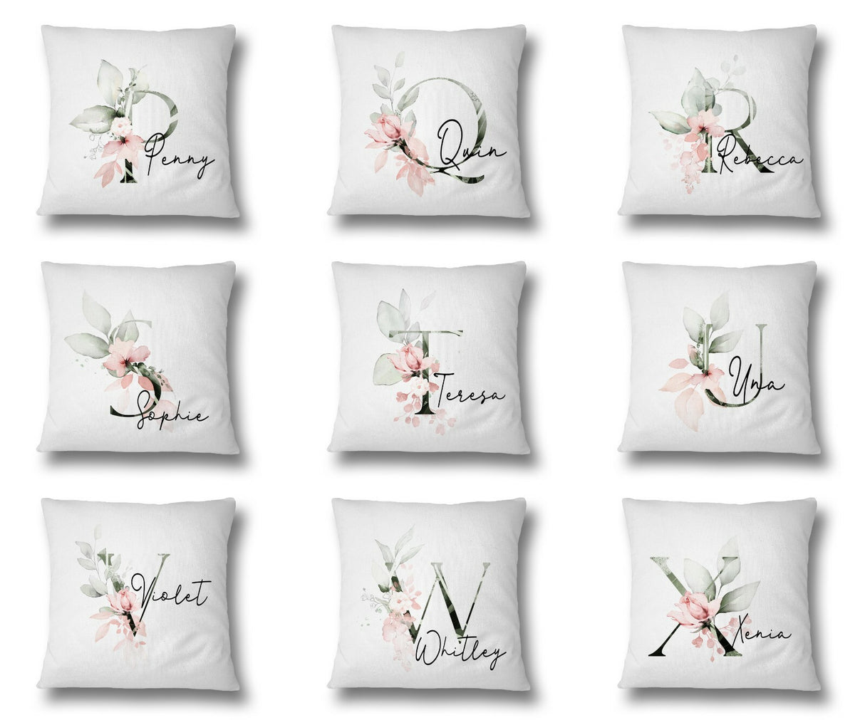 Personalised Gentle Botanical Blush Pink Initial Letter Cushion Cover Pillow