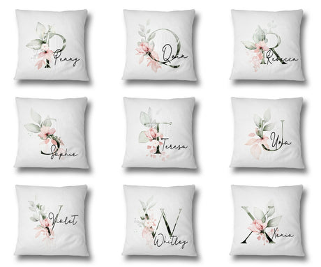 Personalised Gentle Botanical Blush Pink Initial Letter Cushion Cover Pillow