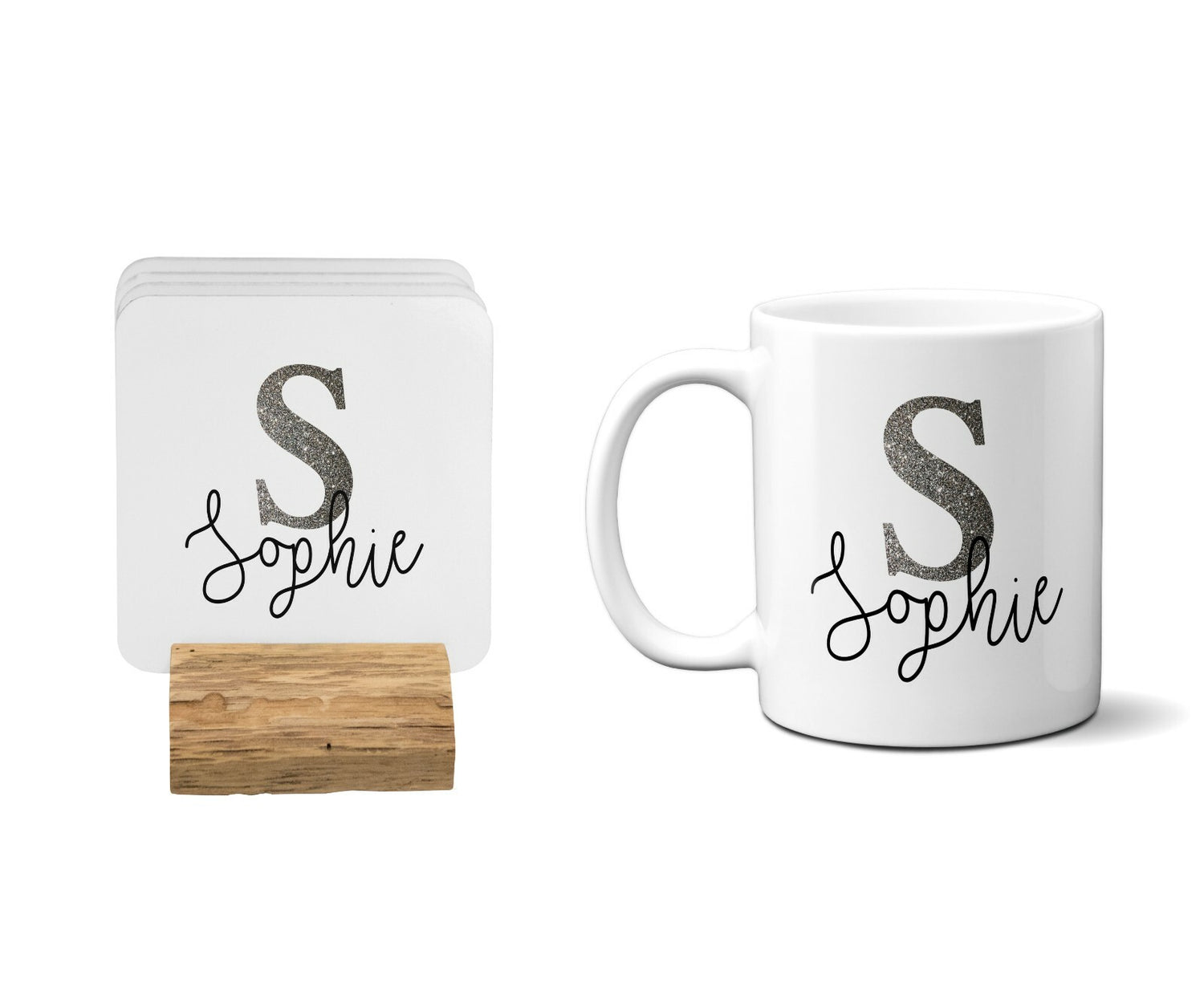 Personalised Name Initial Glitter Monogram Coffee Tea Mug Gift 11oz Mug+Coaster