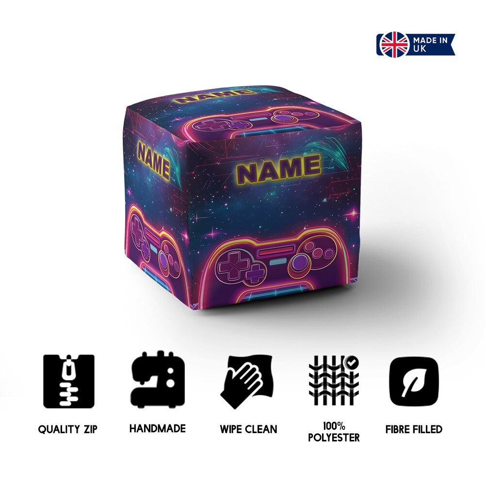 Personalised Name Gamer Gaming Controller Ottoman Filled Pouffe Washable Cover