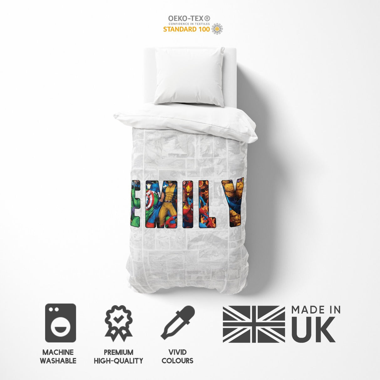 Personalised Superhero Name Text Printed Kids Single Novelty Bed Duvet Cover Set