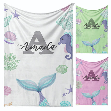 Personalised Name Colour Mermaid Tail Monogram Kids Soft Fleece Blanket Decor