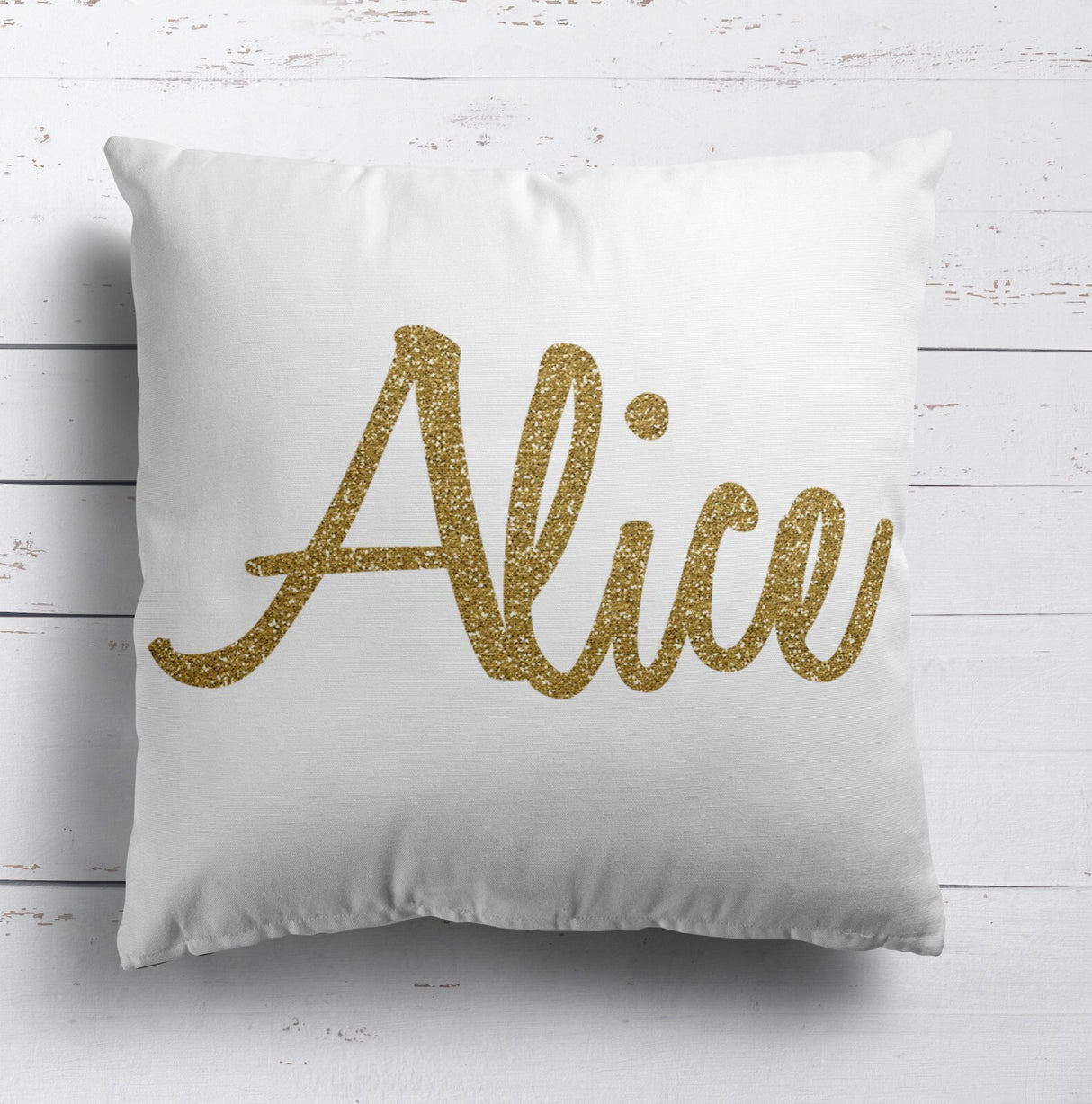 Personalised Name Gold Glitter Font Print Soft Square Filled Cushion Throw Decor