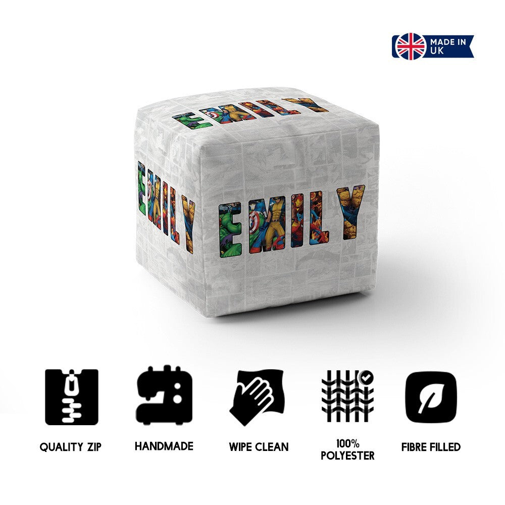 Personalised Superhero Name Kids Novelty Ottoman Fill Pouffe Inc Washable Cover