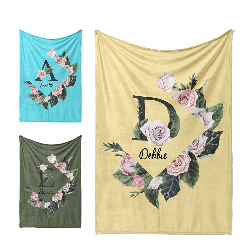 Personalised Name Botanical Floral Initial Letter Soft Warm Fleece Blanket Decor