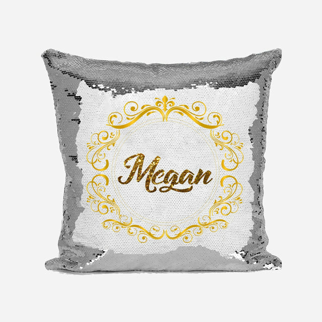 Personalised Name Shiny Sequin Magic Royal Scroll Border Cushion Cover + Pillow