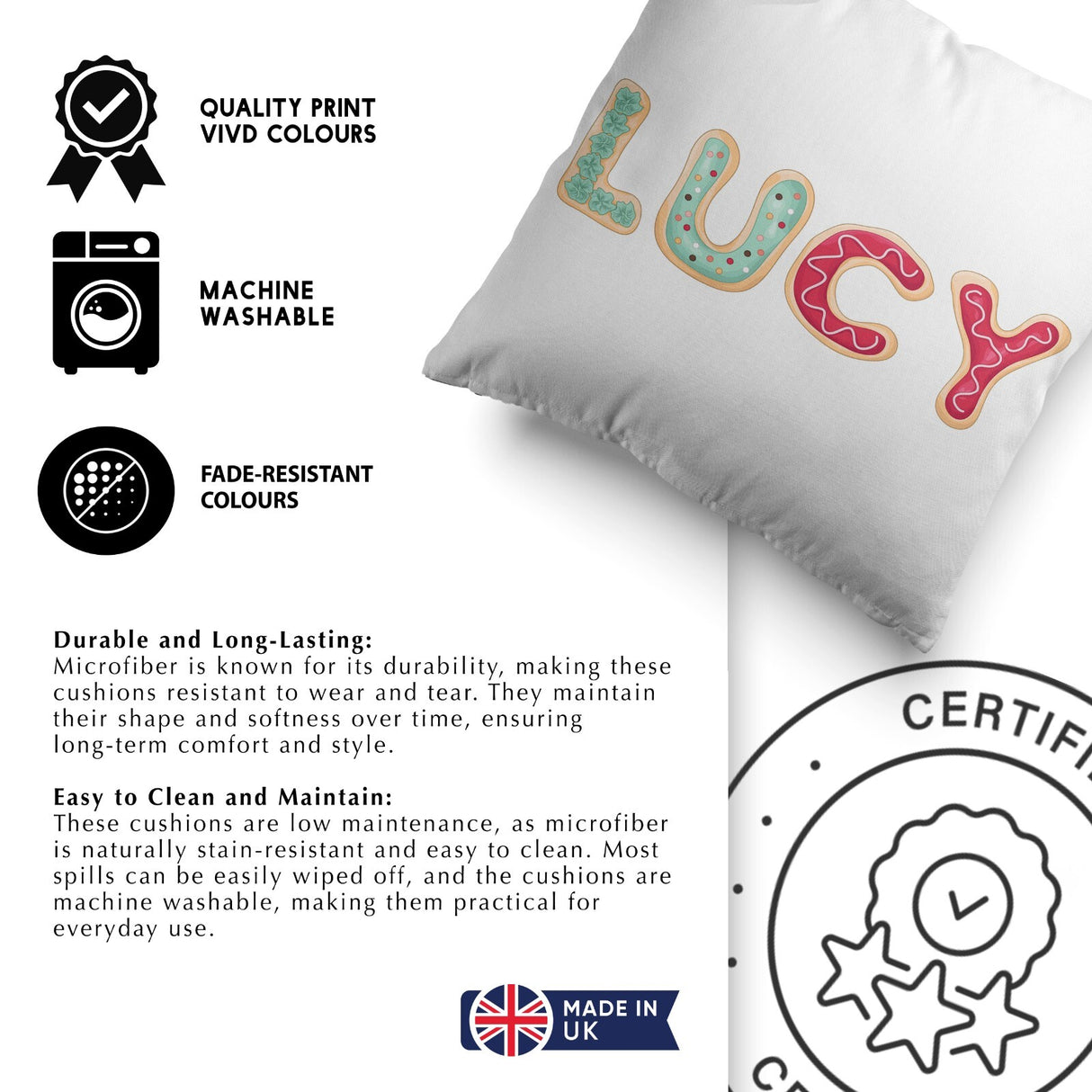 Personalised Name Cookie Alphabet Print Soft Square Filled Cushion Throw Decor