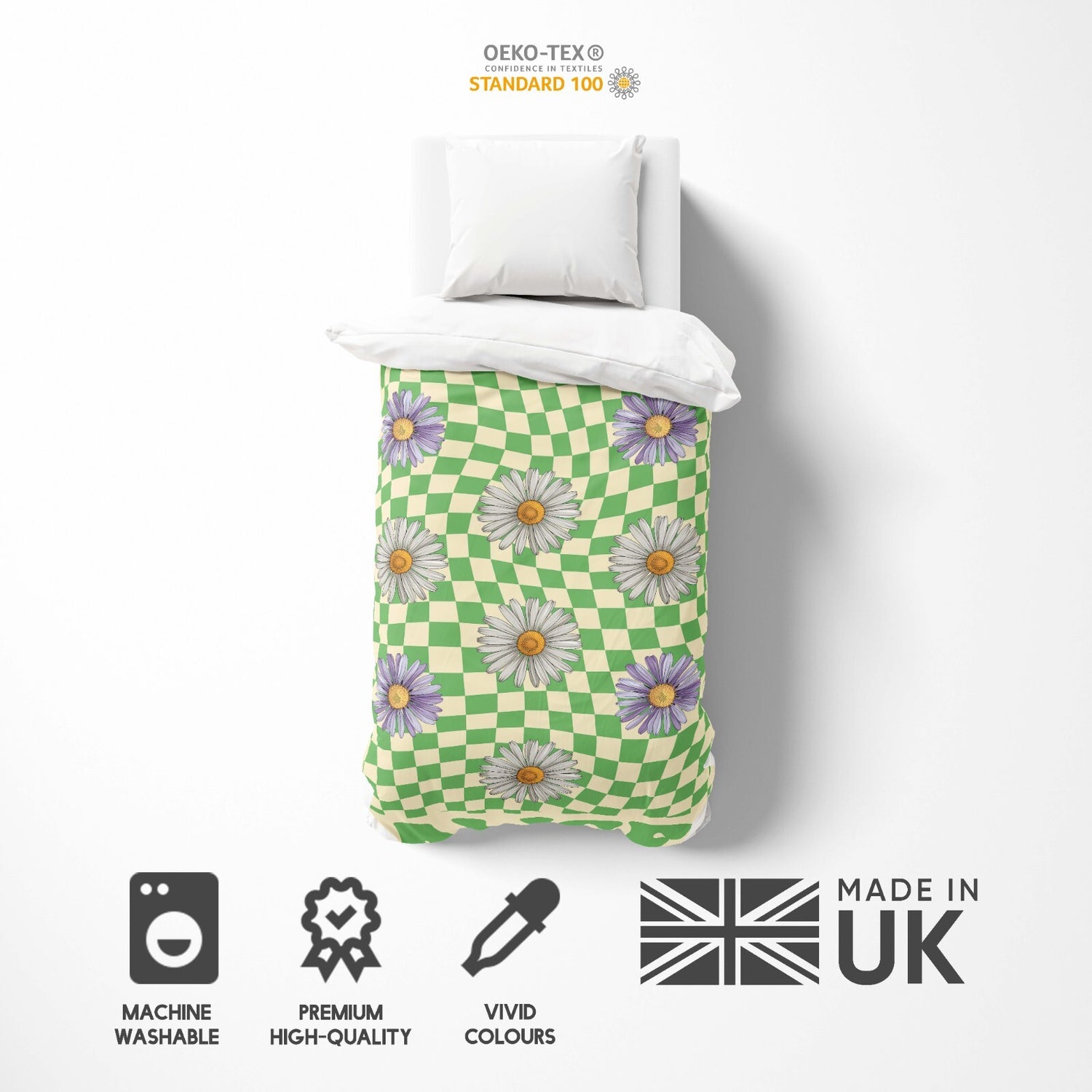Personalised Custom Name Retro Daisy Check Single Bed Duvet Cover + Pillowcase
