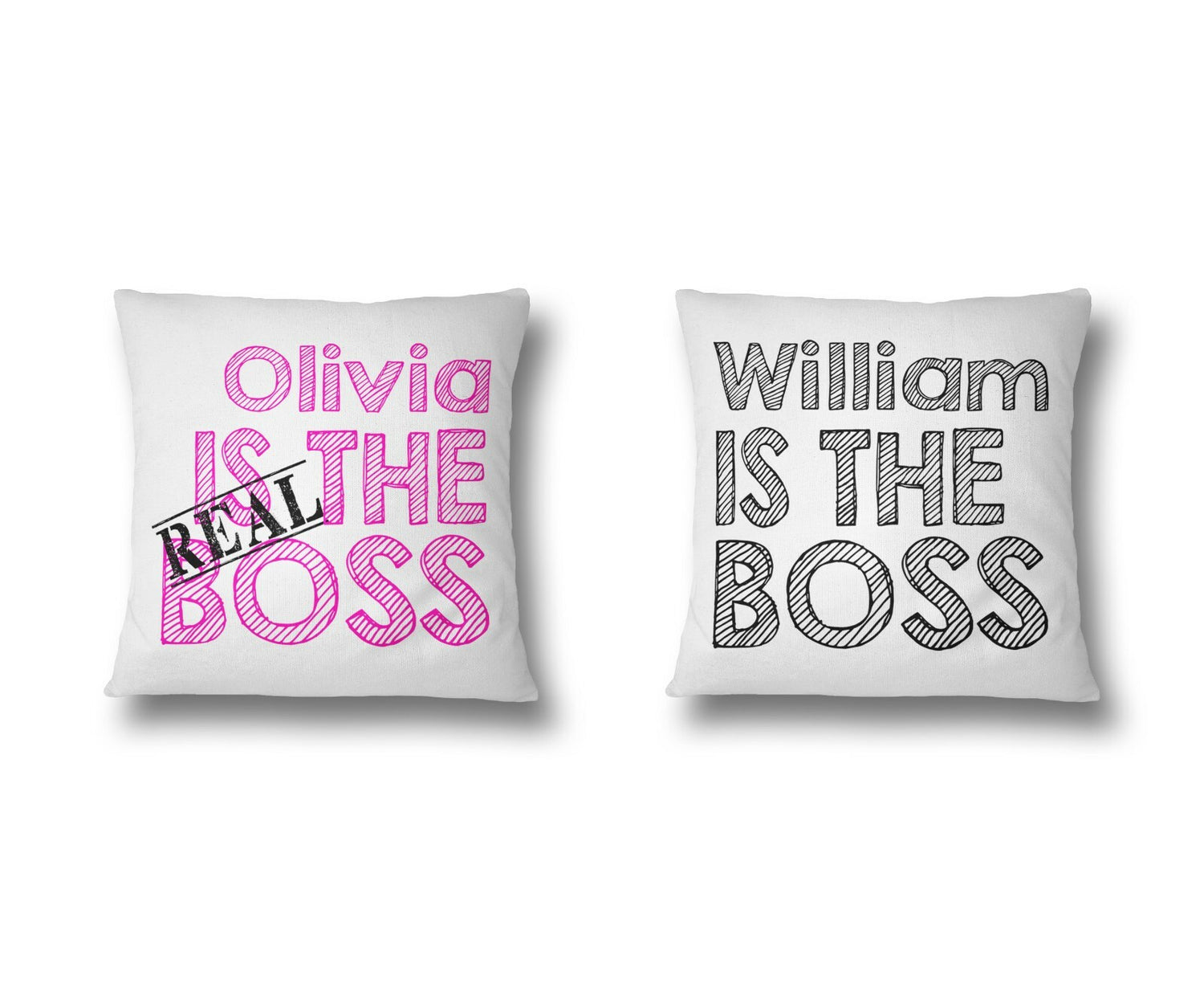 Set of 2 His & Hers The Real Boss Novelty Funny Personalised Filled Soft Cushion