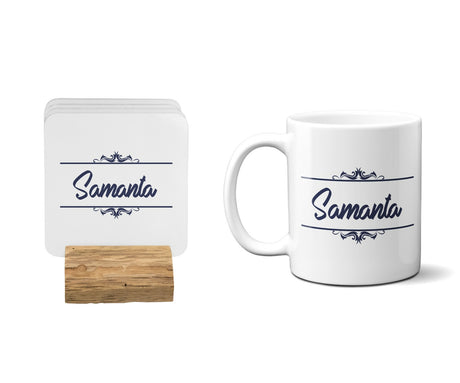 Personalised Name Border Scroll Coffee Tea Mug Gift 11oz Mug + Coaster