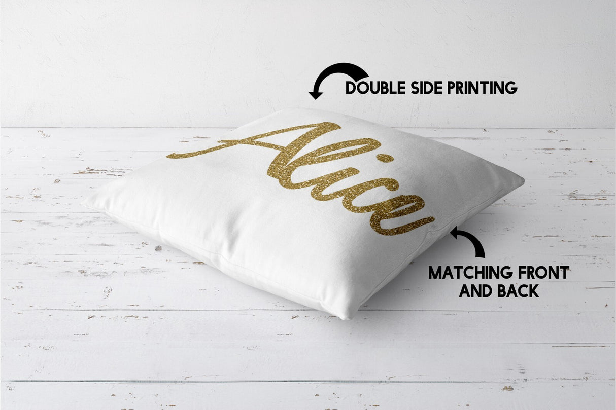 Personalised Name Gold Glitter Font Print Soft Square Filled Cushion Throw Decor