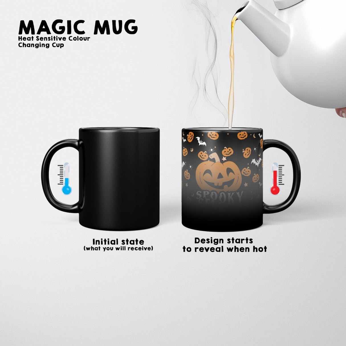 Halloween Spooky Season Pumpkin Bats Heat Sensitive Colour Changing Mug Gift Set
