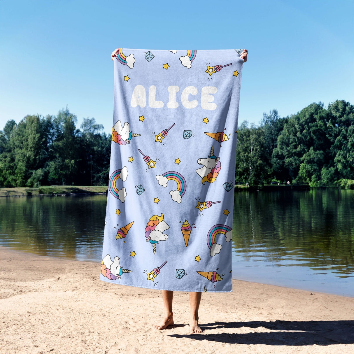 Personalised Custom Name Unicorn Ice Cream Soft Absorbent Beach Bath Sheet Towel