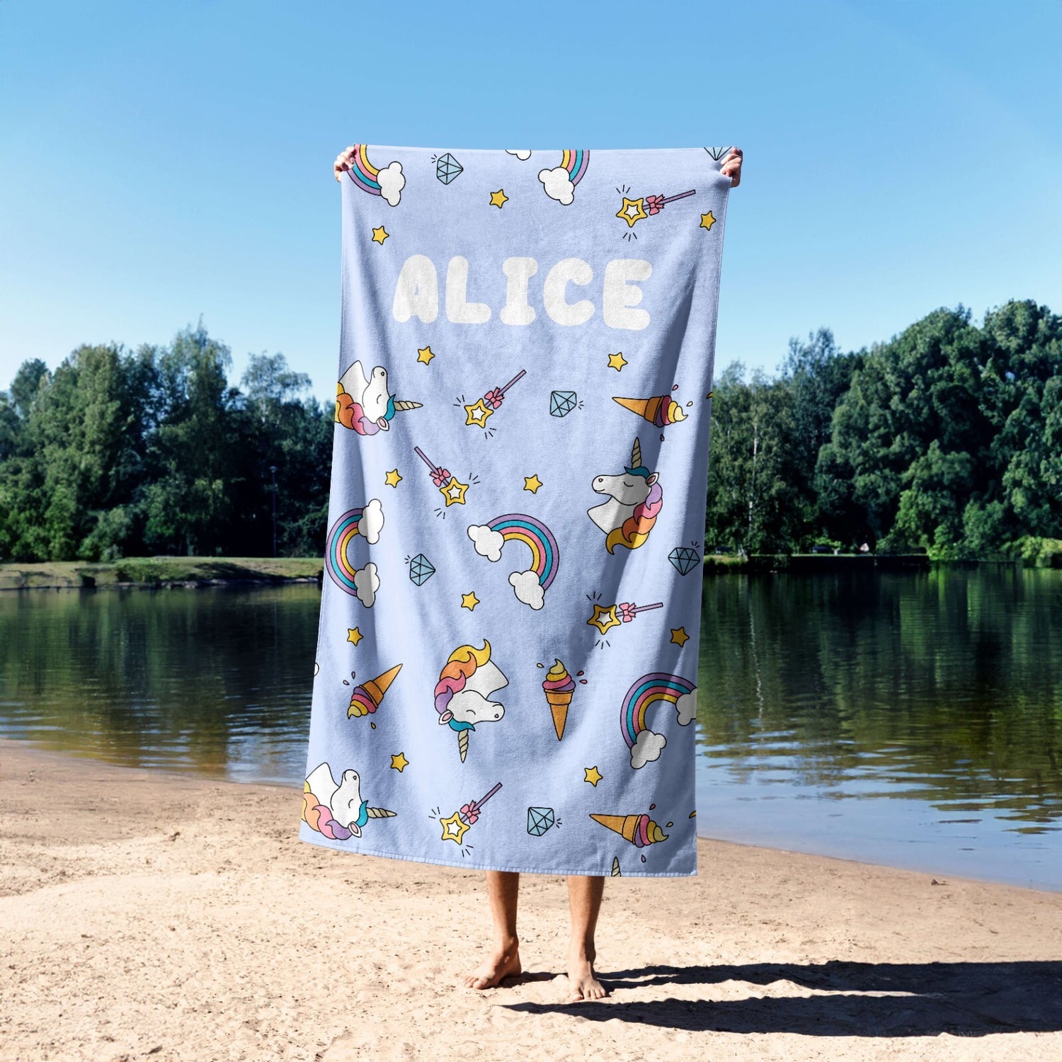 Personalised Custom Name Unicorn Ice Cream Soft Absorbent Beach Bath Sheet Towel