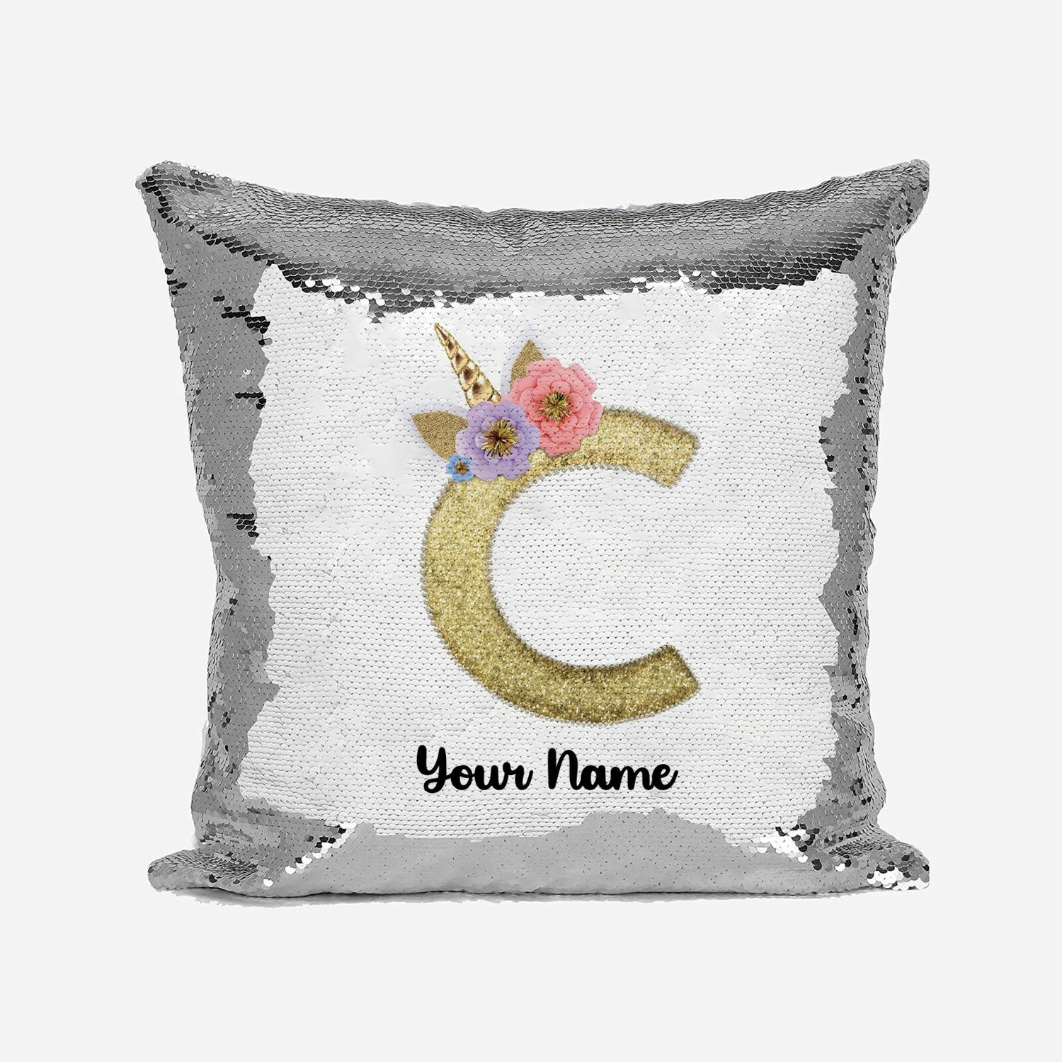 Personalised Unicorn Sparkly Monogram Alphabet Sequin Magic Cushion Cover+Pillow