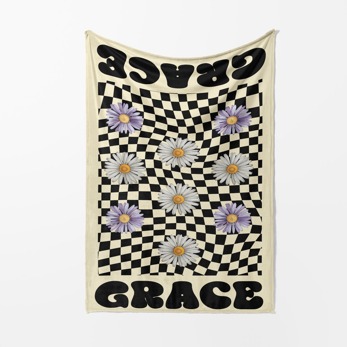 Personalised Custom Name Colour Retro Daisy Check Soft Warm Fleece Blanket Decor