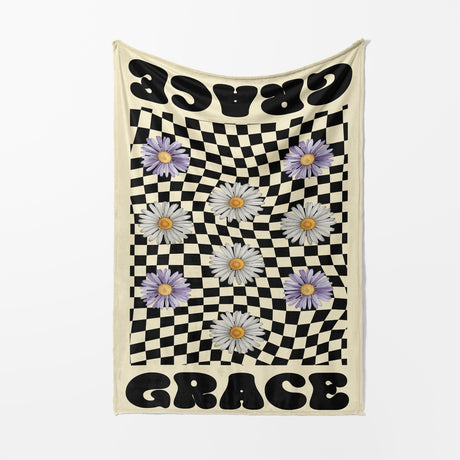 Personalised Custom Name Colour Retro Daisy Check Soft Warm Fleece Blanket Decor