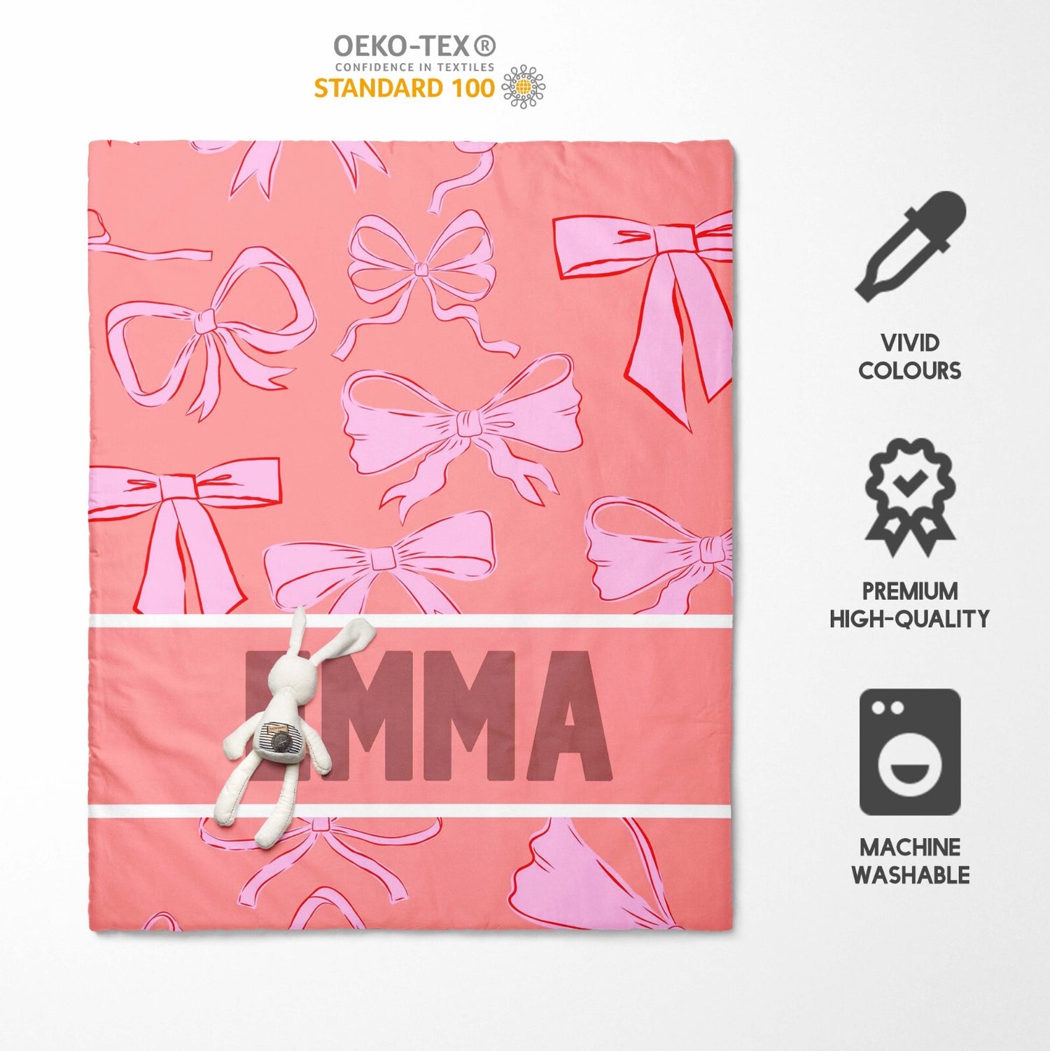 Personalised Name Coloured Pink Bows Kids Cot Bed Duvet Cover + Pillowcase