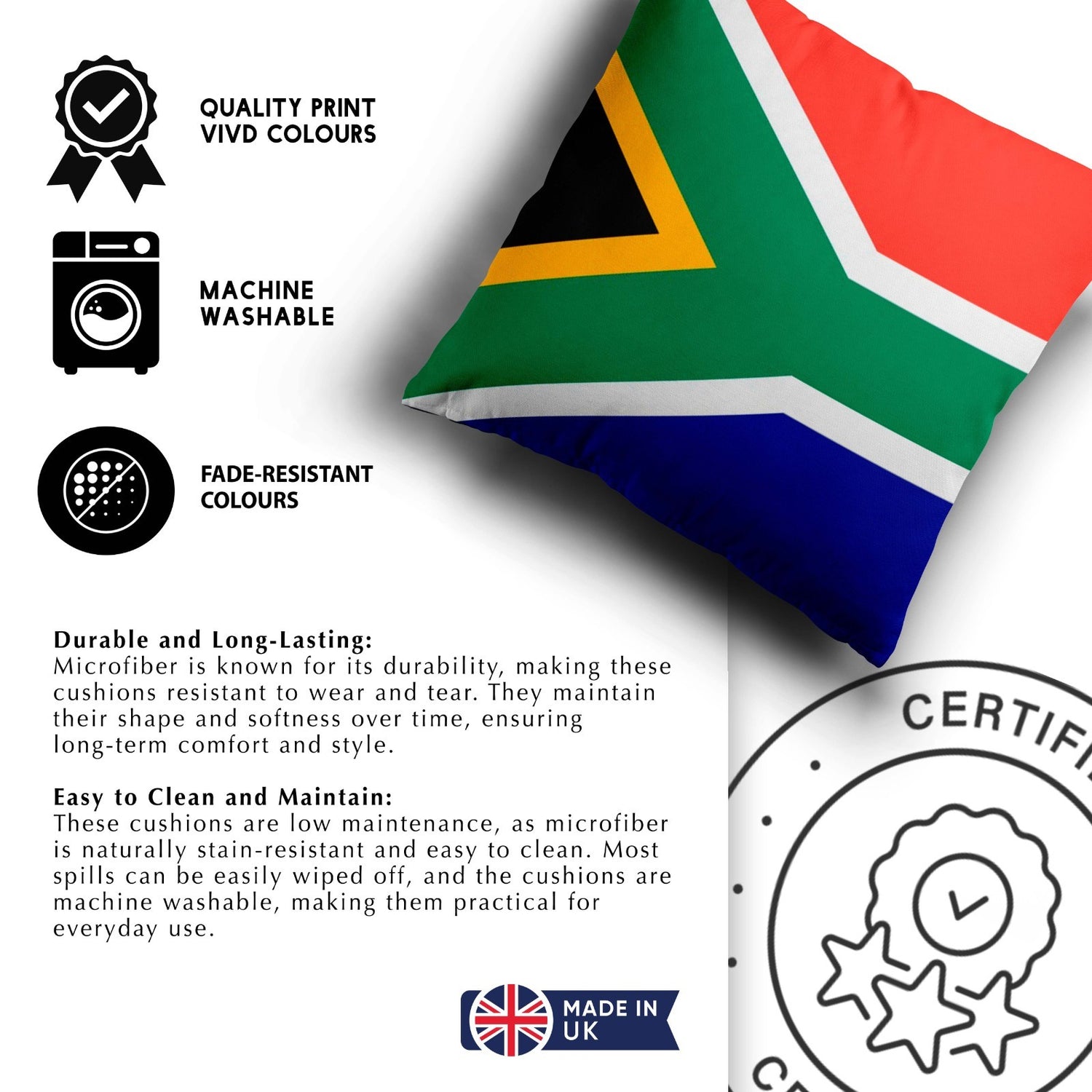 South Africa Flag SA Design Filled Square Cushion Decorative Throw Gift Any Size