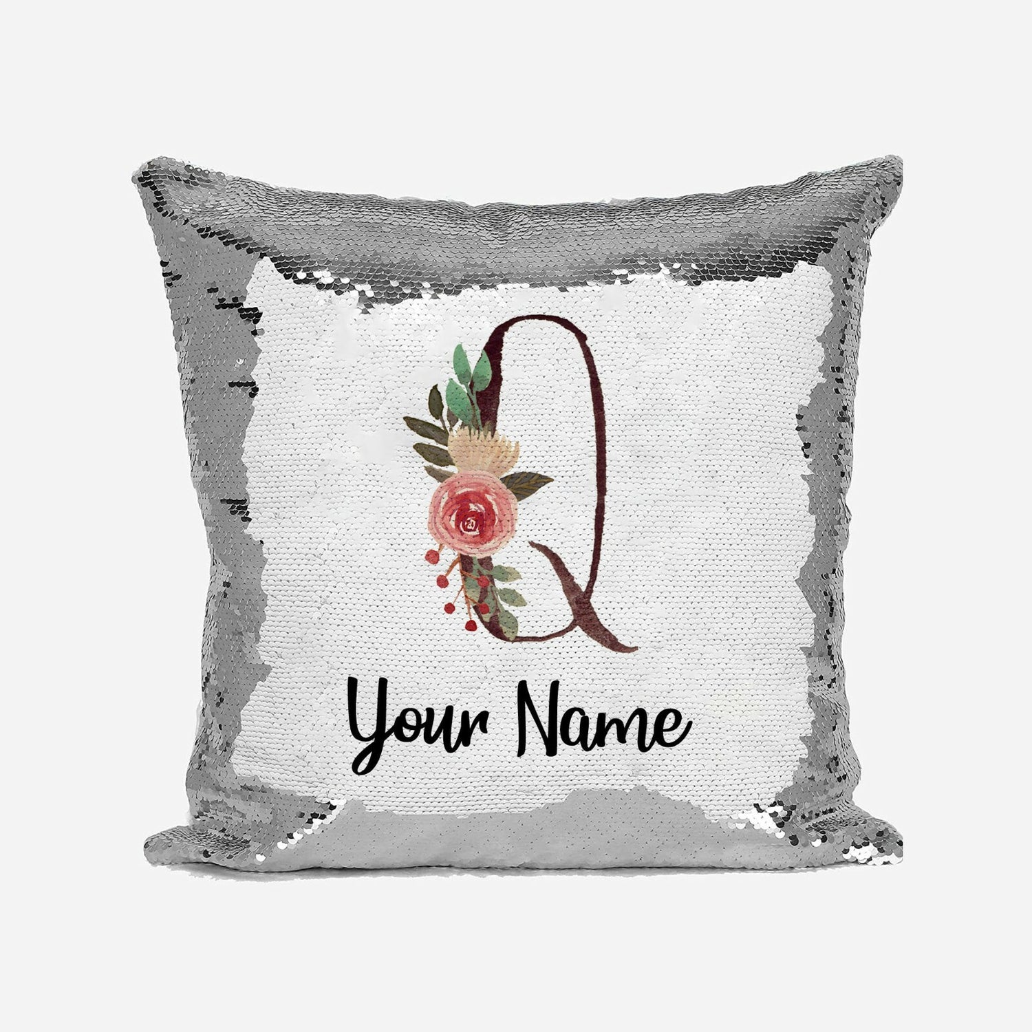 Personalised Floral Watercolour Effect Alphabet Sequin Magic Cushion + Pillow