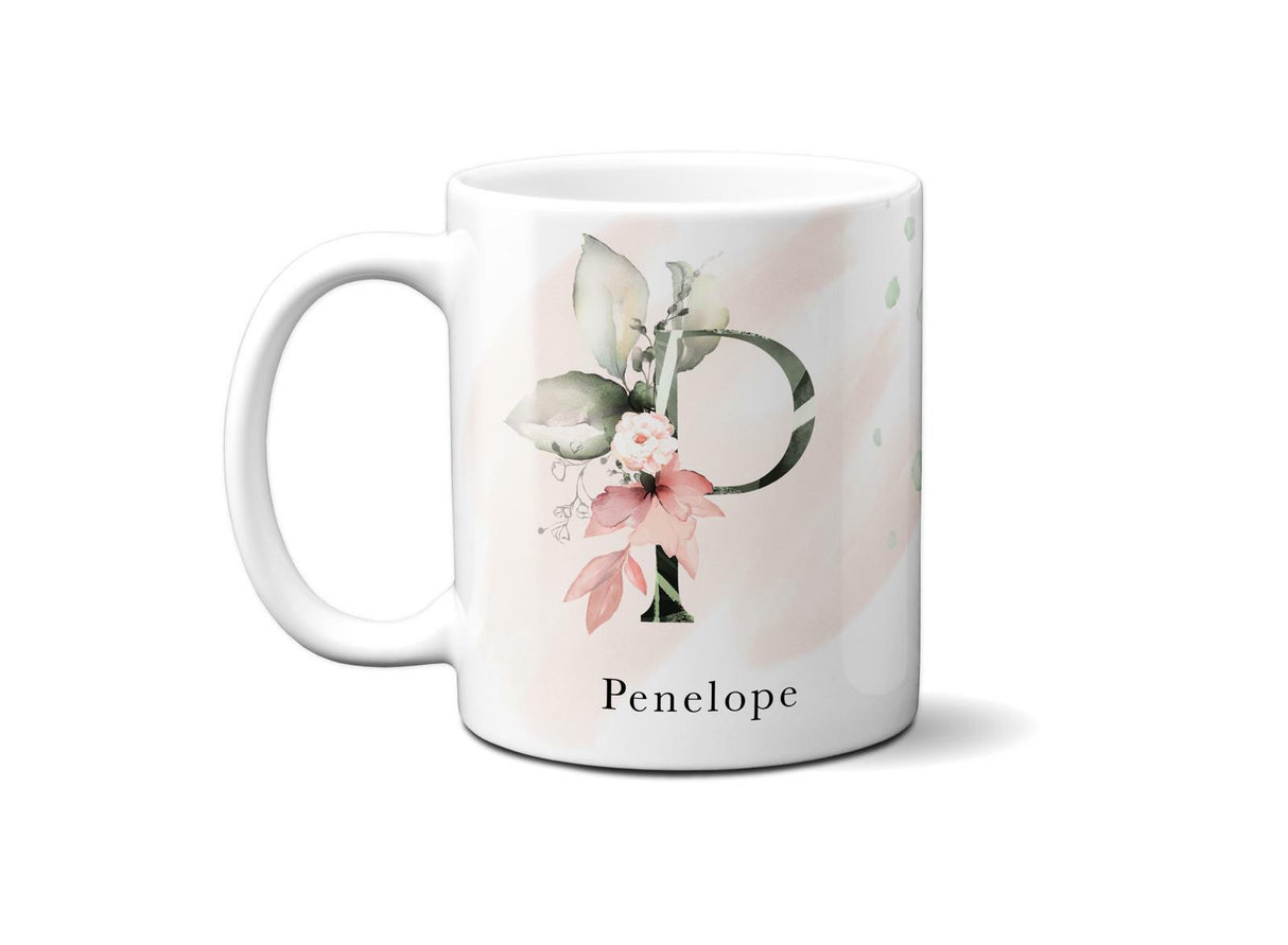Gentle Touch Blush Pink Design Name Initial Letter Coffee Mug Gift 11oz Ceramic