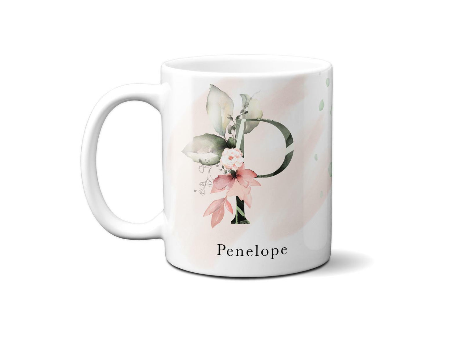 Gentle Touch Blush Pink Design Name Initial Letter Coffee Mug Gift 11oz Ceramic