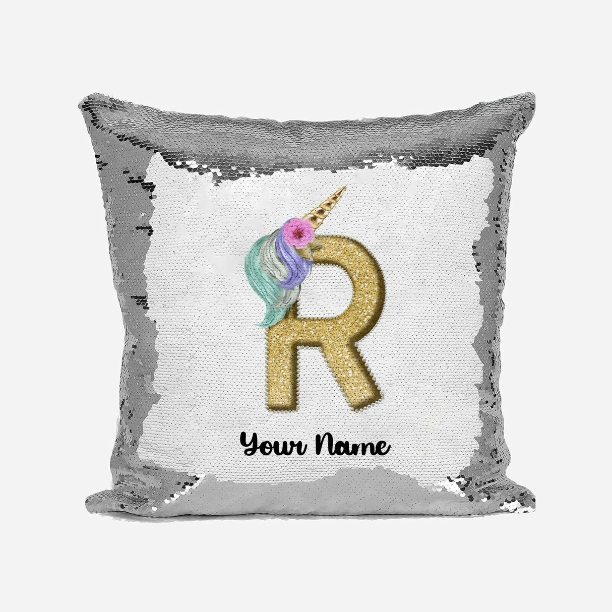 Personalised Unicorn Sparkly Monogram Alphabet Sequin Magic Cushion Cover+Pillow