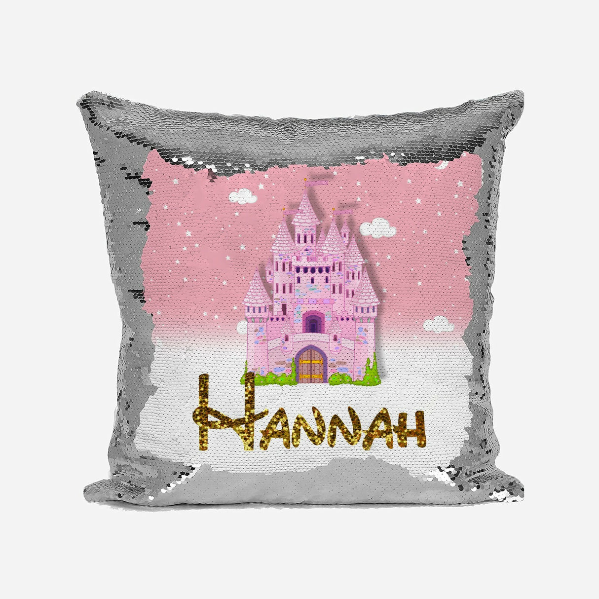 Personalised Name Shiny Sequin Magic Princess Castle Cushion Cover + Pillow Kids