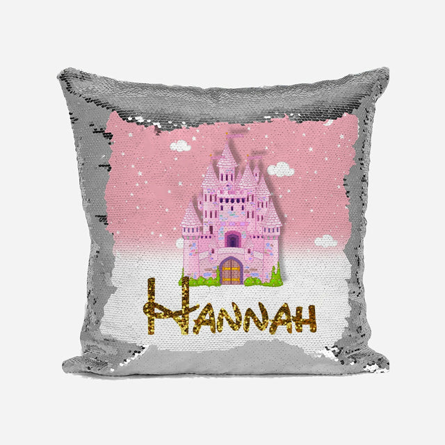 Personalised Name Shiny Sequin Magic Princess Castle Cushion Cover + Pillow Kids