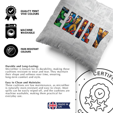 Personalised Superhero Name Text Printed Kids Soft Square Filled Cushion Throw