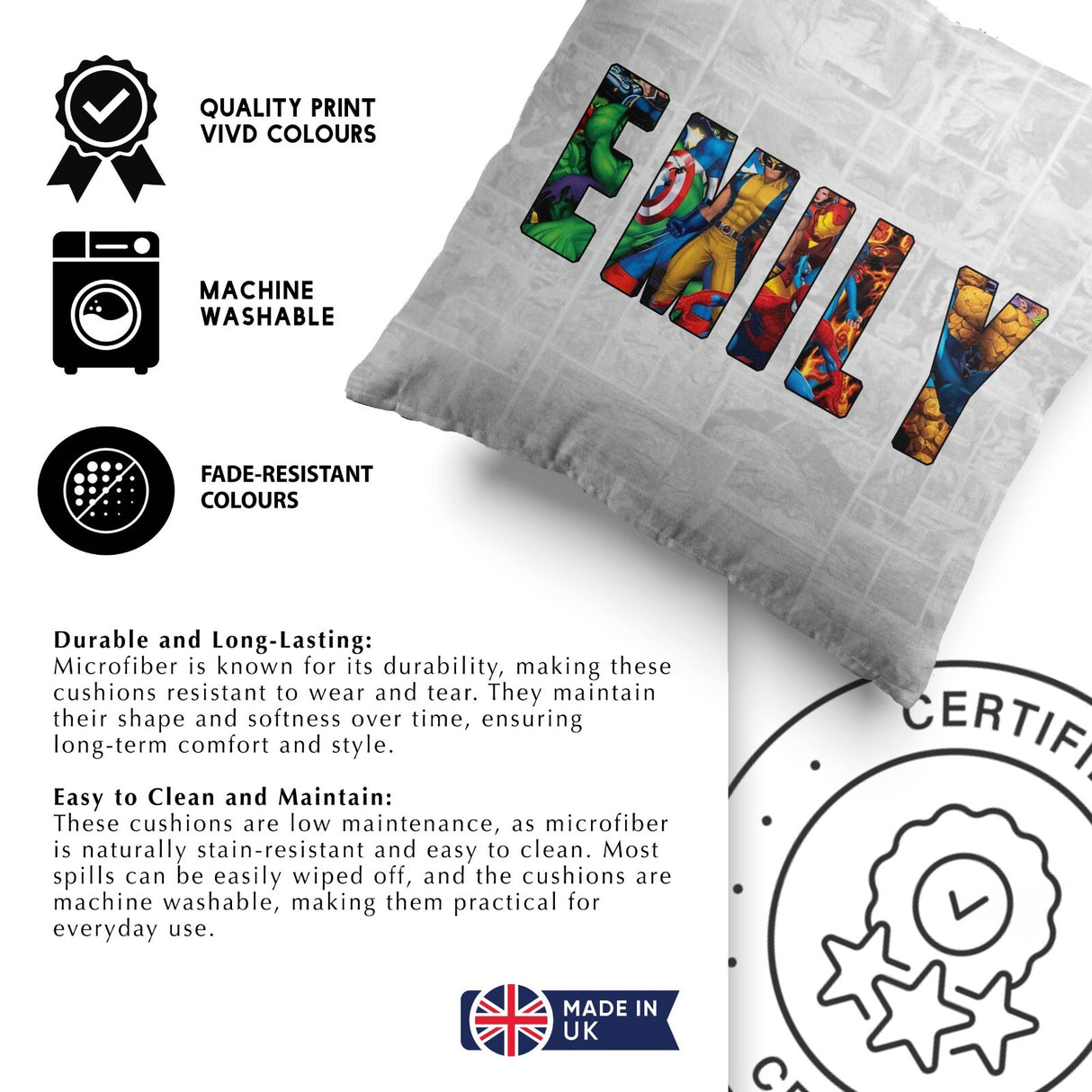 Personalised Superhero Name Text Printed Kids Soft Square Filled Cushion Throw