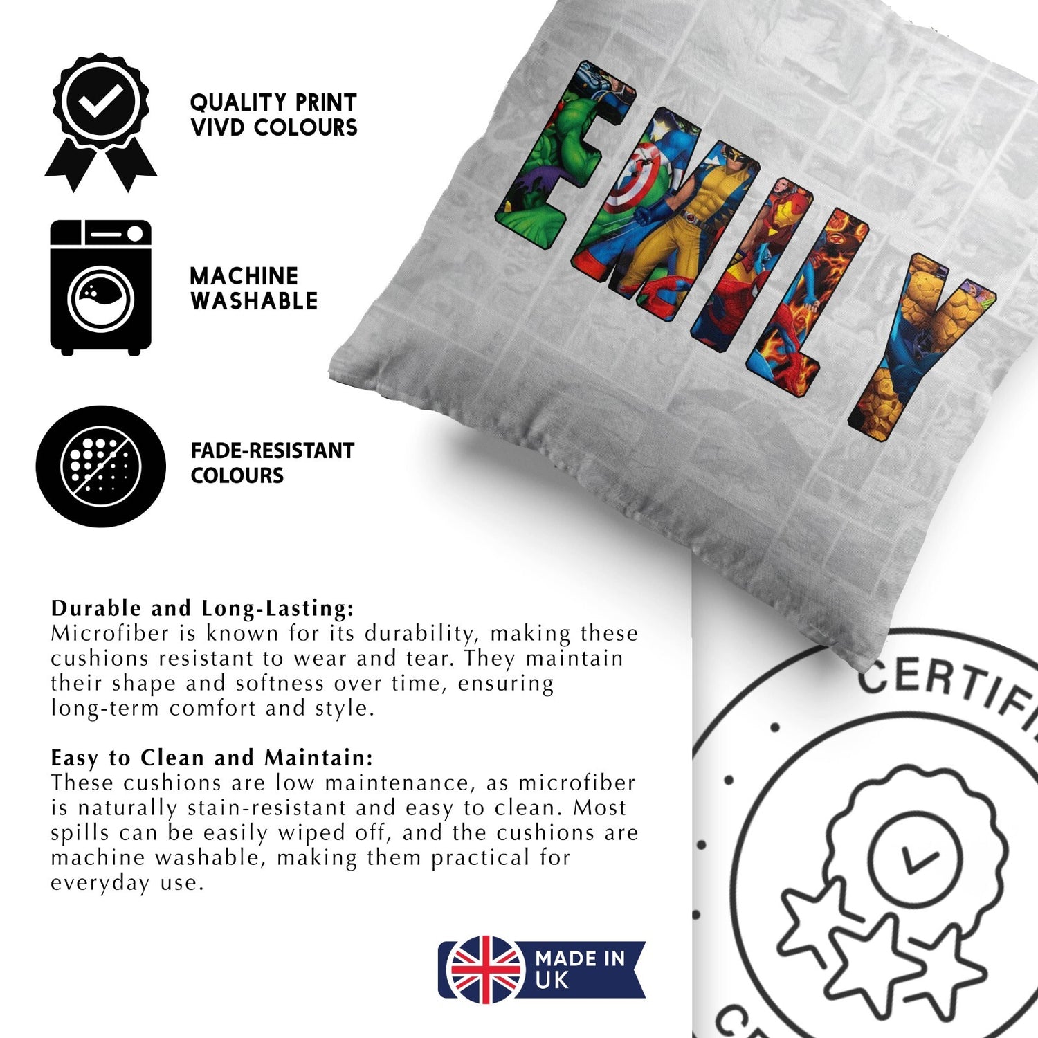 Personalised Superhero Name Text Printed Kids Soft Square Filled Cushion Throw