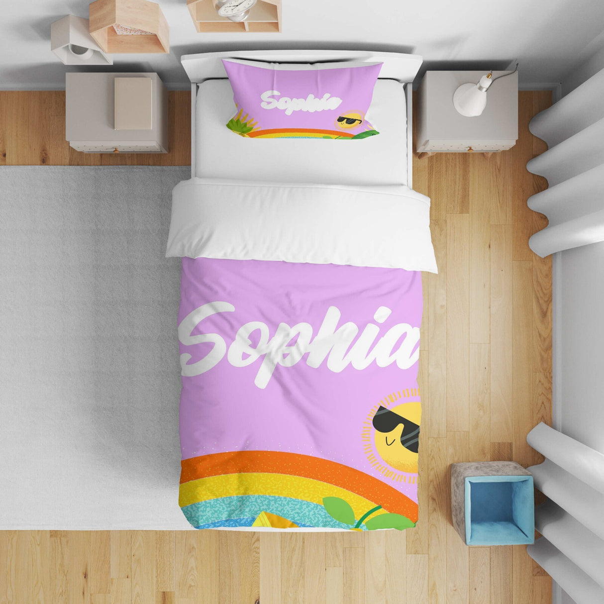 Personalised Custom Name + Colour Summer Kids Cot Bed Duvet Cover + Pillowcase