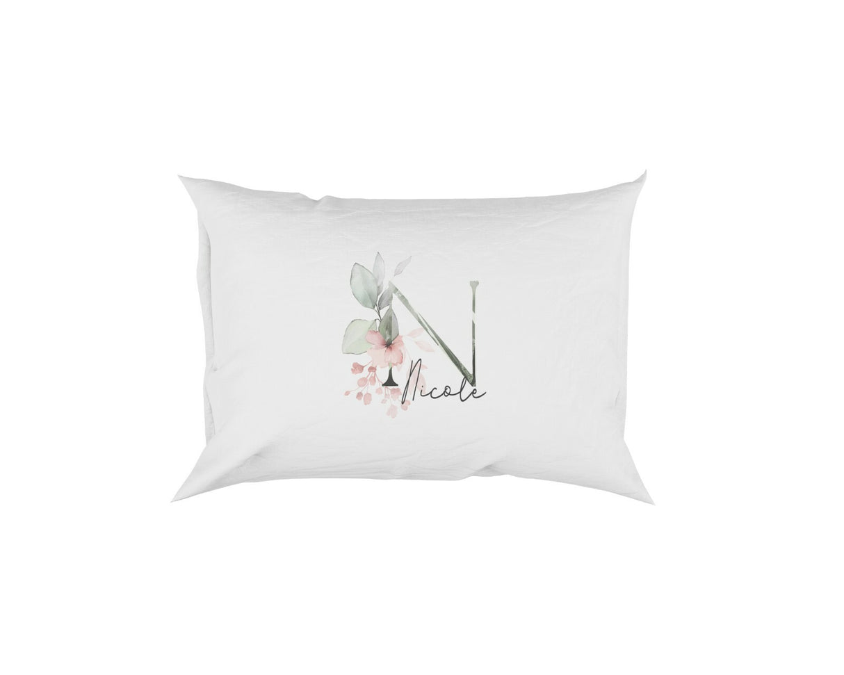 Personalised Your Name Gentle Botanical Blush Initial Letter Pillow Case Gift