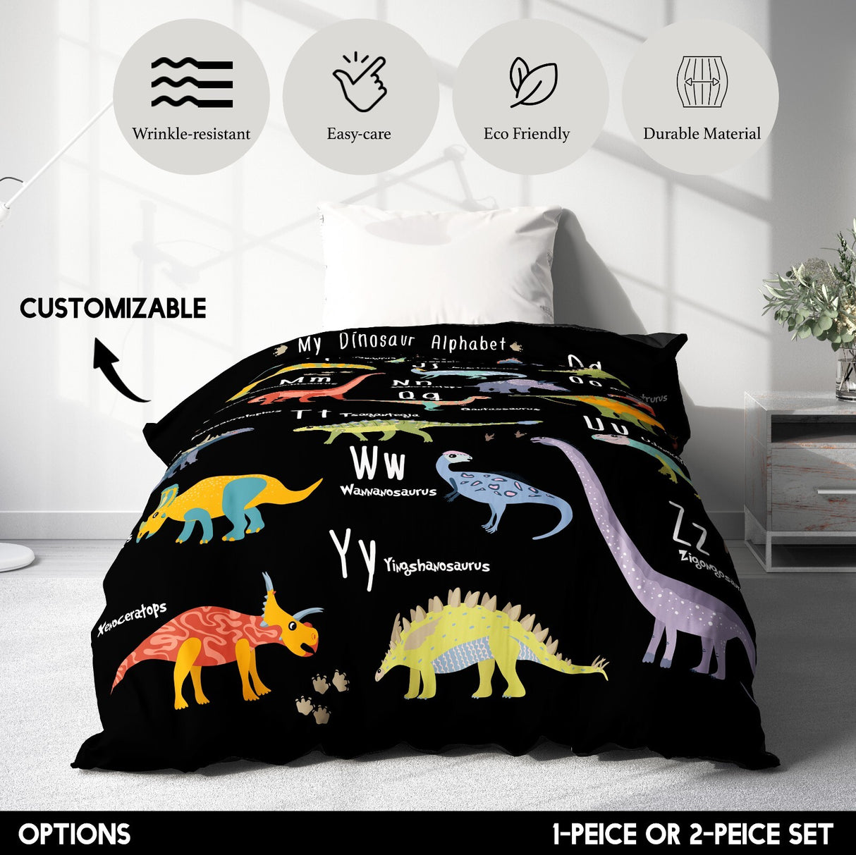 My Dinosaur Alphabet Personalised Custom Colour Soft Single Size Bed Duvet Cover