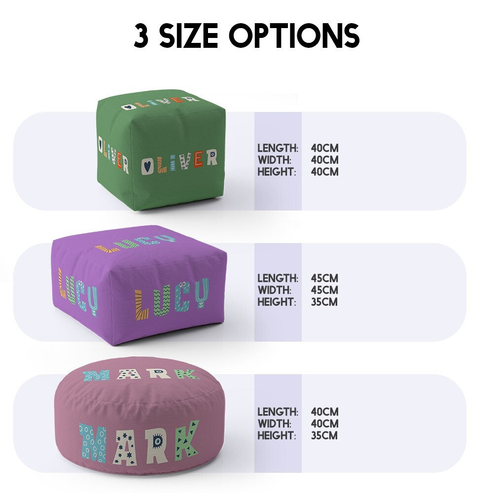 Personalised Name Kids Alphabet Onyx Kids Ottoman Filled Pouffe Washable Cover