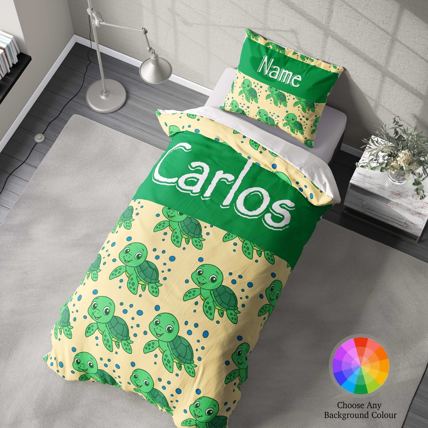 Personalised Custom Name Cartoon Baby Turtle Single Bed Duvet Cover + Pillowcase