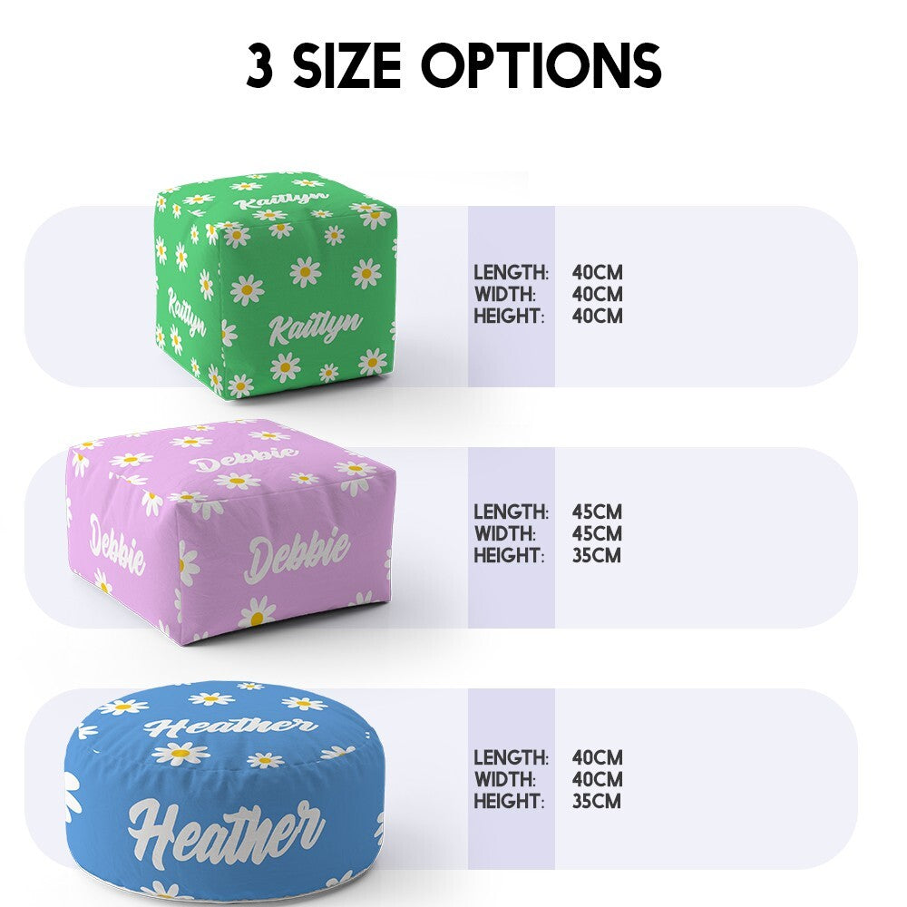 Personalised Custom Name Floral Daisies Ottoman Filled Pouffe Inc Washable Cover