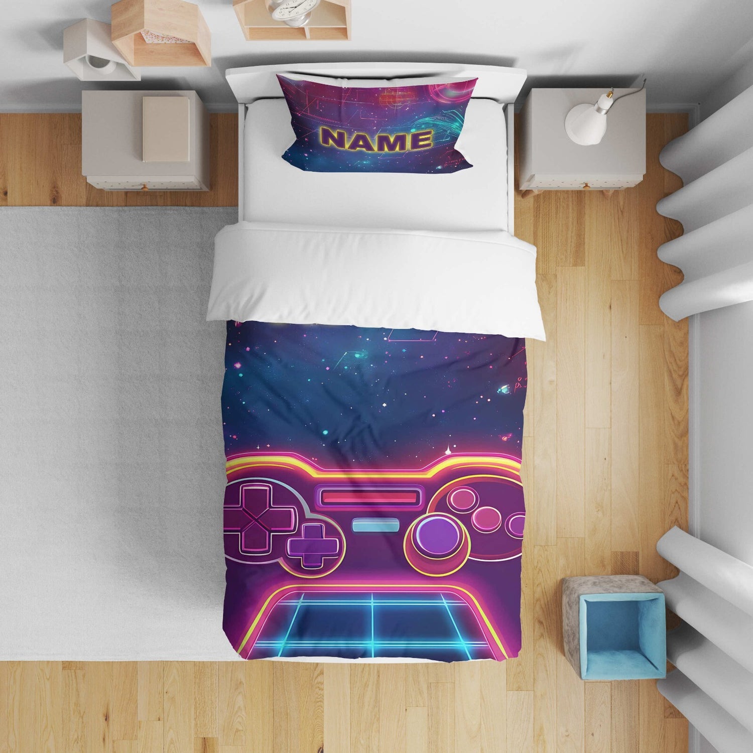 Personalised Name Gamer Gaming Controller Kids Cot Bed Duvet Cover + Pillowcase