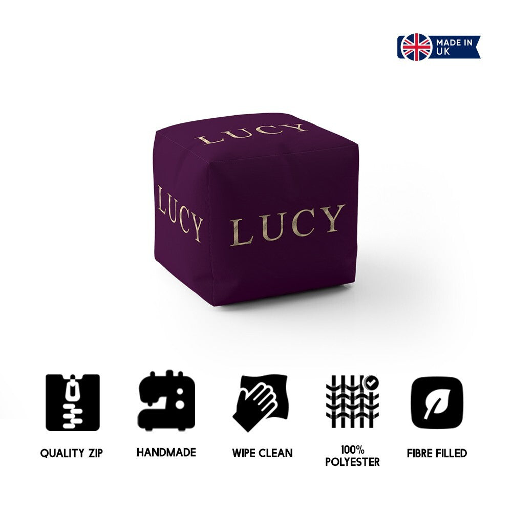 Personalised Any Name Vector Gold Coloured Ottoman Filled Pouffe Washable Cover